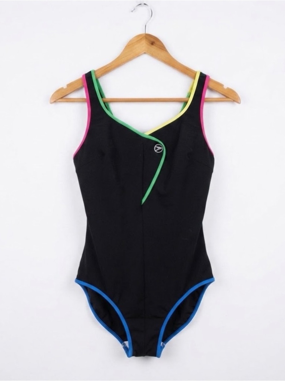 Vintage 70s One Piece Bathing Suit Black Neon LARGE
